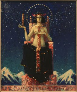 Allegorical Female Figure before Himalayan Night Landscape by Melchior Lechter