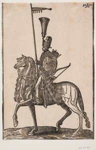 Mounted Soldier, Profile to the Left; Lance with Pennant, Bow Beside, Circular Shield, Quiver; Headdress with Feather Plume by Melchior Lorck
