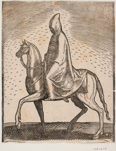 Cloak- and hat-wearing rider, profile towards the left; under his mantle, a sword can be glimpsed by Melchior Lorck
