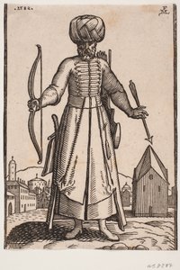 Frontally Seen Turbaned Soldier with Outstretched Arms, Standing in an Open Space in a City; in His Right Hand He Holds a Bow, in His Left an Arrow; Behind His Left Shoulder a Quiver, by His Right Side a Saber by Melchior Lorck