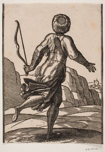 Running Messenger, Seen from Behind, in a Rocky Landscape; in the Left Hand a Bow, a Bundle of Arrows Stuck in the Belt, a Case over the Shoulder