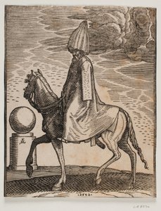 Rider Dressed in Long Coat and Pumpkin-like Headgear, Profile to the Left; Under the Cloak a Sword is Visible; Behind the Horse