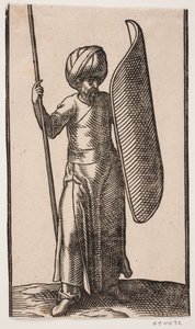 Standing Turban-Clad Soldier, Viewed from the Front; In His Right Hand, a Spear; On His Left Arm, a Curved Shield by Melchior Lorck