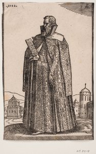 Standing ambassador in European (Venetian?) costume, 3/4 profile to the left; holding a letter case in his right hand by Melchior Lorck