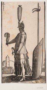Standing Helmeted Soldier, Profile to the Left, Holding a Feather in His Outstretched Hand; Behind Him a Shield Decorated with a Crescent Moon is Supported by a Lance Stuck in the Ground
