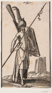 Standing soldier with curved shield in left hand and spear in right hand; sword at his left side, a dagger stuck in the belt at his left side; in the background to the right, the ruin of an obelisk or a tower with a square base by Melchior Lorck