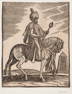Turban-clad Rider with a Sword at His Right Side and a War-club in His Left Hand, Profile Towards the Right; in the Background, an Obelisk