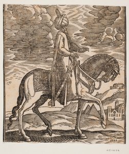 Turban-clad Rider with a Sword at His Right Side, Profile Towards the Right; Between the Horse