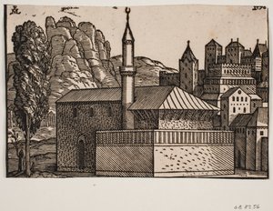 Unidentified Mosque with One Minaret, Tall Tree to the Left