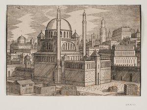 Unidentified Mosque with Two Minarets, Viewed from the Northeast; Construction Site with Stacked Building Stones in the Foreground