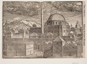 Unidentified Mosque with Two Minarets, Seen from Southeast; Mountain with Fortified City on the Left