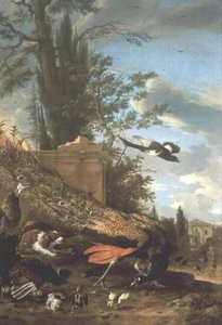 A Peacock and a Spaniel in the Garden of a Villa by Melchior de Hondecoeter