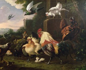 A Cockerel and Other Fowl in a Landscape by Melchior de Hondecoeter
