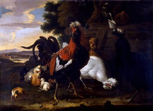 Cockerel, Hens and Chicks by a Fence in a Wooded Landscape by Melchior de Hondecoeter