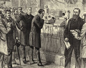 Opening of the Anglo-English telephone line. The first London to Paris telephone conversation at the General Post Office, London. Bell instruments were used at the London end. Wood engraving Paris 28 March 1891. by Melton (after) Prior