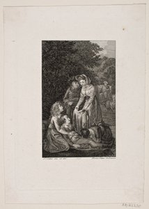 Illustration with Four People Around a Sick Boy in a Forest