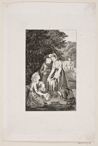 Illustration with Four People Around a Sick Boy in a Forest by Meno Haas
