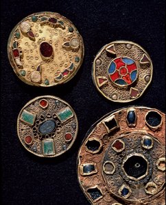 Archaeology of the Middle Ages. Barbarian art of Gaul: fibulae in gold silver works in filigree, polychrome style. France, Merovingian period, 6th-7th century. Strasbourg, Musee d
