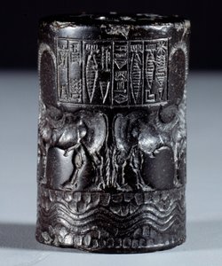Mesopotamia: Cylindrical Seal in Black Marble in the Name of the Divine Sharkali-Sharri