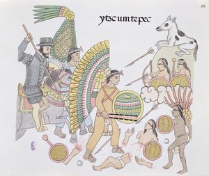 Hernando Cortes, Under Siege at Tenochtitlan, Resolves to Leave the City, Illustration from a Facsimile of a Mexican Indian Picture History Lienzo de Tlaxcala of c.1550, 1892 by Mexican School