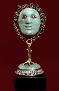 Mexican art: face mask in turquoise paste with diamond eyes. 17th century by Mexican School
