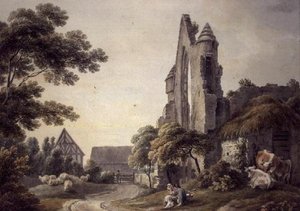 A ruined abbey near a Farmyard