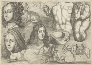 Study Sheet with Drawing Examples: Heads, Animals, Figures