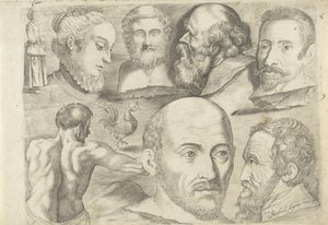 Study Sheet with Drawing Examples: Standing Figure, Rooster and Heads by Michael Snijders