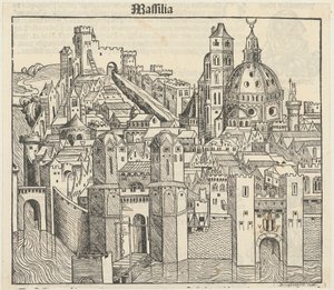 Fantasy View of the City of Marseille [recto], Three Portraits (Phereades, Pythagoras, and Sappho) [verso] by Michael Wolgemut