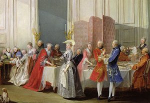 English Tea in the Salon des Quatre Glaces at the House of the Prince de Conti, Palais du Temple, detail of the guests, 1766 by Michel Barthelemy Ollivier or Olivier