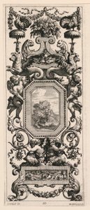 Ornamental Panel Surmounted by a Basket of Flowers and a Garland, plate 10 from the Book of Various Grotesques Painted in the Cabinet and Baths of the Queen Regent, at the Royal Palace by Michel Dorigny