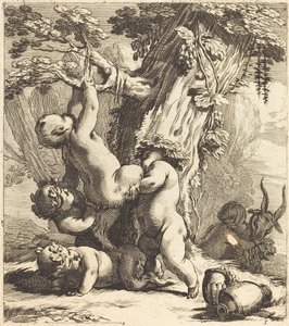 Putti and Fauns Climbing a Grapevine by Michel Dorigny