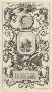 Ornamental Panel Surmounted by a Basket of Flowers with Cupid and Hymen by Michel Dorigny, after Simon Vouet