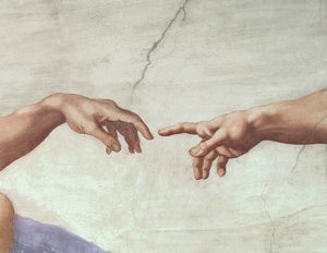 Hands of God and Adam, detail from The Creation of Adam, from the Sistine Ceiling, 1511  (pre restoration)