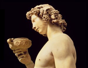 The Drunkenness of Bacchus, detail of his head, sculpture by Michelangelo Buonarroti: (detail)