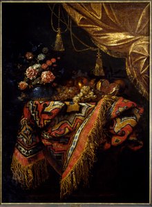 Still Life with Fruits and Flowers on a Tablecloth by Michele Pace del Campidoglio