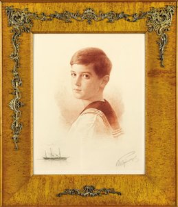 Portrait of the Successor to the Throne Tsarevich Alexei Nikolaevich of Russia with a Remarque Depiction of the Imperial Yacht, 1913