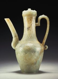 A late Ming celadon jade ewer and cover by Ming Dynasty Chinese School