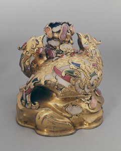Chinese gilt copper wine vessel in the form of phoenixes on a rock