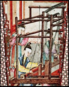 Detail from a vase depicting silk weaving