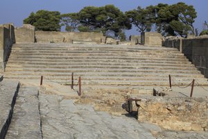 Minoan archaeological site of Phaistos. Staircase starting in the west court and leading to The Propylaea, the principal and the most impressive entrance to the new palace and steps which formed the seats of the theatrical area, used for religious events a by Minoan