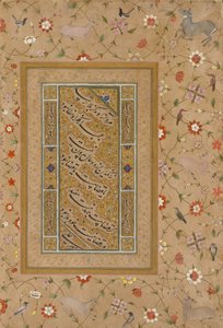 Page from the Late Shah Jahan Album: Persian Calligraphy Framed by an Ornamental Border of Flowers and Birds