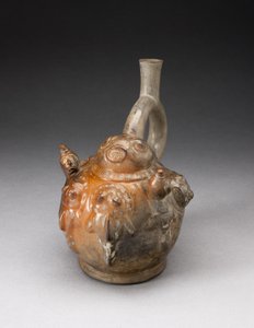 Stirrup Spout Vessel with Relief Depicting a Fishing Scene by Moche