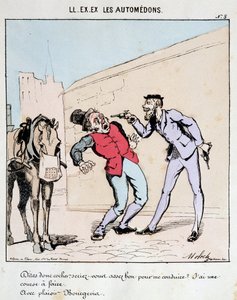 Cartoon of Transport in the City. A Bourgeois Politely Asks a Coachman to Drive Him While Threatening Him with Guns. Drawing by Moloch, around 1860 by Moloch