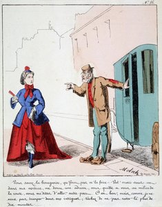 Cartoon of transport in the city. The coachman rebukes a bourgeois who goes to the park while her husband asked the driver to drive her to another place. Drawing by Moloch (1849-1909), around 1860. by Moloch
