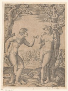 The Fall of Adam and Eve at the Tree of Knowledge of Good and Evil with Serpent by Monogrammist NF (graveur)