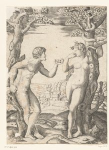 The Fall of Adam and Eve at the Tree of Knowledge of Good and Evil with Serpent