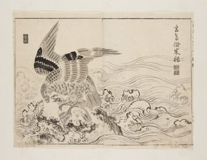 Falcon and small bird in waves by Mori Ransai