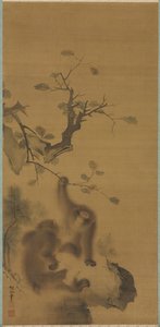 Monkeys on a Rock Ledge by Mori Sosen