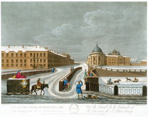 View of the Canal of Fontanka and the Barracks, illustration for November from A Year in St. Petersburg etched by John H. Clark, coloured by M. Dubourg. pub. 1815 in London by Edward Orme by Mornay